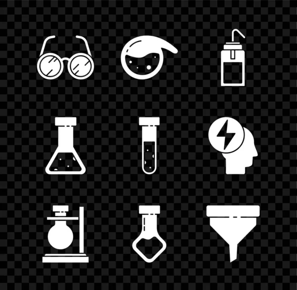 Conjunto de vasos de laboratorio, tubo de ensayo y producto químico del frasco, botella de lavado, en el soporte, filtro de embudo, y el icono. Vector — Archivo Imágenes Vectoriales