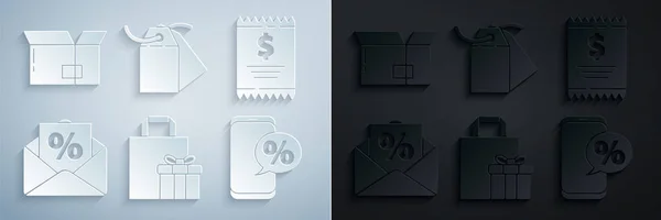 Conjunto de caja de regalo, cheque de papel y cheque financiero, sobre con descuento de intereses, teléfono por ciento, etiqueta en blanco etiqueta etiqueta de precio y cartón icono de cartón. Vector — Vector de stock