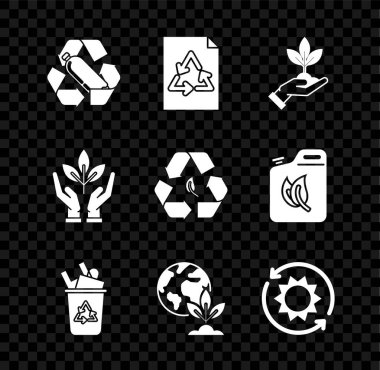 Geri dönüşüm plastik şişesi, geri dönüşümlü kağıt, çevre koruma, geri dönüşüm kutusu sembolü, Dünya küresi santrali, güneş enerjisi paneli ve yaprak ikonu. Vektör