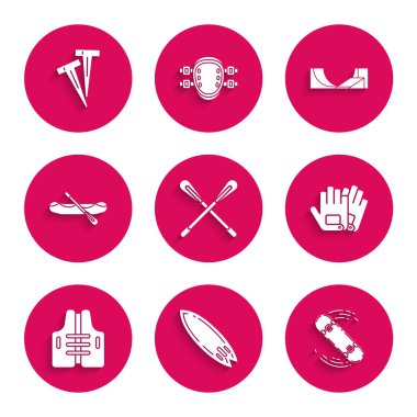 Çapraz raket, sörf tahtası, kaykay numarası, eldivenler, can yeleği, rafting teknesi, park ve çadır simgesi. Vektör