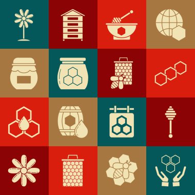 Bal peteği ve eller, dipper çubuğu, kase, bal kavanozu, çiçek ve bal peteği ikonu. Vektör