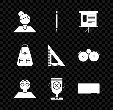 Öğretmen, Silgi, Sunum Finansal Kurulu grafiği, çizelgesi, diyagramı, bilgi grafiği, pasta grafiği, öğrenci, ödül kupası, halka tahtası, okul sırt çantası ve üçgen cetvel simgesini ayarla. Vektör