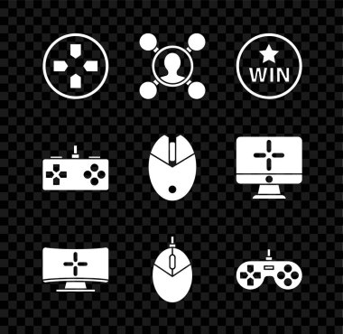 Gamepad, Paylaşım, Madalya, Bilgisayar monitörü, fare oyunu ve simge ayarla. Vektör