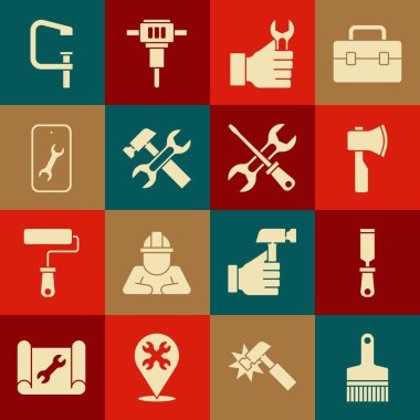 Boya fırçasını, Rasp metal dosyasını, tahta baltayı, İngiliz anahtarını, çekiç ve anahtarı, mobil servisi, kıskaç vida aletini ve tornavida simgesini ayarla. Vektör