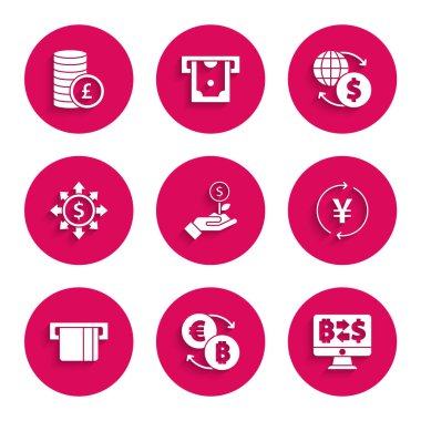 Dolar fabrikası, Kripto para değişimi, Yen 'le bozuk para parası, eklenen kredi kartı, dolar, hisse, ağ, para ve pound simgesi. Vektör