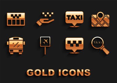 Havaalanını ayarlayın, haritalı GPS cihazı, büyüteç ve taksi arabası, konum, otobüs, Taksimetre ve El Simgesi. Vektör