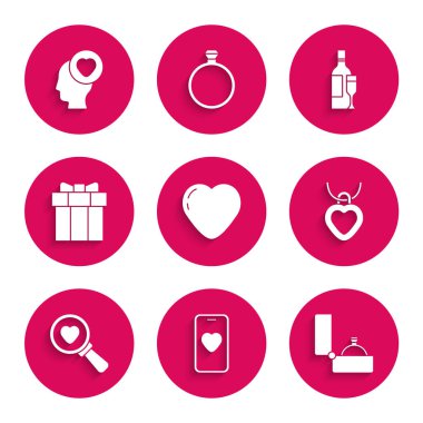 Set Heart, Online flört uygulaması ve sohbet, elmas nişan yüzüğü, kalp şeklinde kolye, arama aşkı, hediye kutusu, şampanya şişesi ve kafa ikonu. Vektör