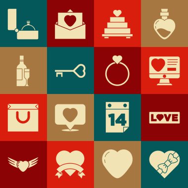 Candy 'yi kalp şeklinde bir kutuda, Love' ın mesajında, flört uygulamasında, pastada anahtar, şampanya şişesinde, elmas nişan yüzüğünde ve yüzük ikonunda ayarla. Vektör