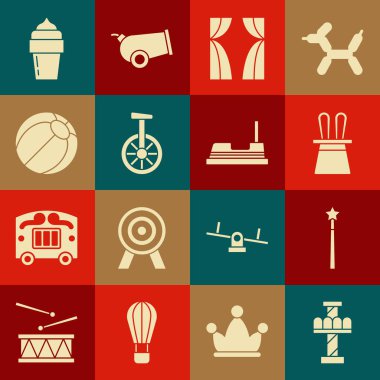 Cazibe Atlıkarınca, Sihirli değnek, Sihirli Şapka Tavşan Kulakları, Sirk Perdeleri, Tekerlekli Bisiklet, Plaj Topu, Dondurma ve Bumper ikonu. Vektör