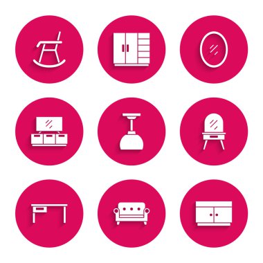 Lamba asma, kanepe, göğüs çekmecesi, soyunma masası, ofis masası, TV standı, Ayna ve Koltuk simgesi. Vektör