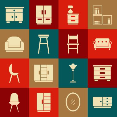 Çekmeceler, mobilya sehpası, kanepe, lamba, sandalye, Kol Sandalyesi ve ikon. Vektör