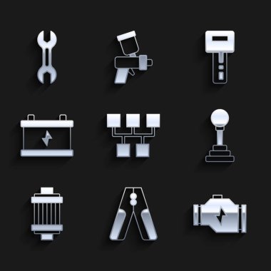 Vites değiştirici, akü takviye kablosu, motoru kontrol et, hava filtresi, uzaktan kumandalı anahtar ve anahtarlı anahtar simgesi. Vektör