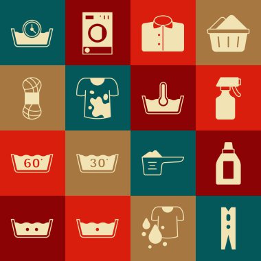 Giysi iğnesi, temizlik malzemesi şişesi, su püskürtme şişesi, tişört, iplik, zaman yıkama ve sıcaklık ikonu. Vektör