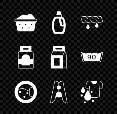 Sabun köpüklü leğen, temizlik malzemesi için şişe sıkma giysileri, çamaşır mandalı, çamaşır tokası, kirli çamaşır deterjanı ve ikon. Vektör