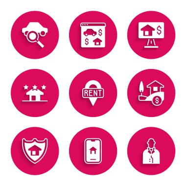 Konum anahtarı, çevrimiçi gayrimenkul, emlakçı, paralı ev, kalkan ve araba paylaşım ikonu. Vektör