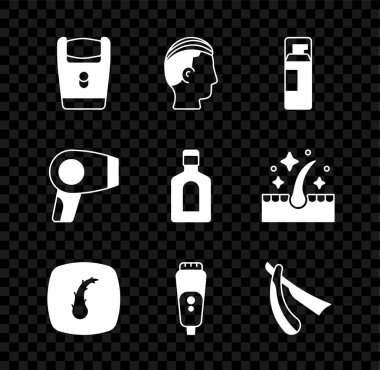 Elektrikli tıraş bıçağı, erkekler için saç stili tıraş jölesi, insan saç kökü, sek, kurutma makinesi ve şampuan ikonu. Vektör