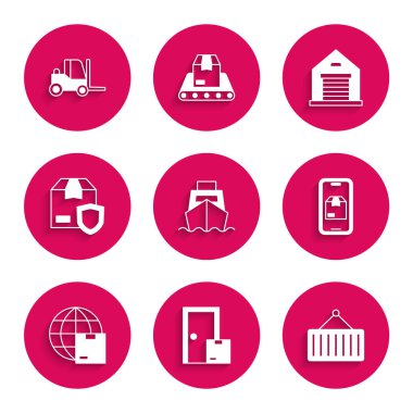 Kargo gemisini kutu teslimatı, ev hizmetleri, vinçte konteyner, mobil uygulama takibi, dünya çapında nakliye, teslimat kalkanı, Depo ve Forklift kamyon ikonu ile ayarla. Vektör