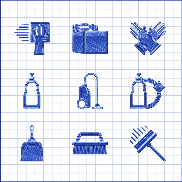 Set Staubsauger, Pinsel für die Reinigung, Squeegee, Schaber, Wischer, Plastikflaschen Flüssigspülmittel, Kehrschaufel, Gummihandschuhe und Reinigungsservice-Symbol. Vektor — Stockvektor