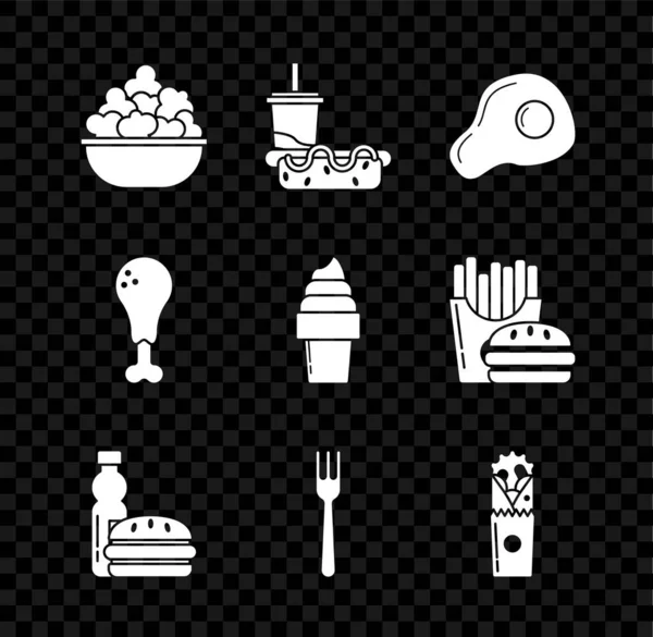 Set Popcorn in Schüssel, Papierglas mit Trinkhalm und Hotdog, Rührei, Flasche Wasserburger, Gabel, Dönerspieß, Hähnchenkeule und Eis Waffelkegel Symbol. Vektor — Stockvektor