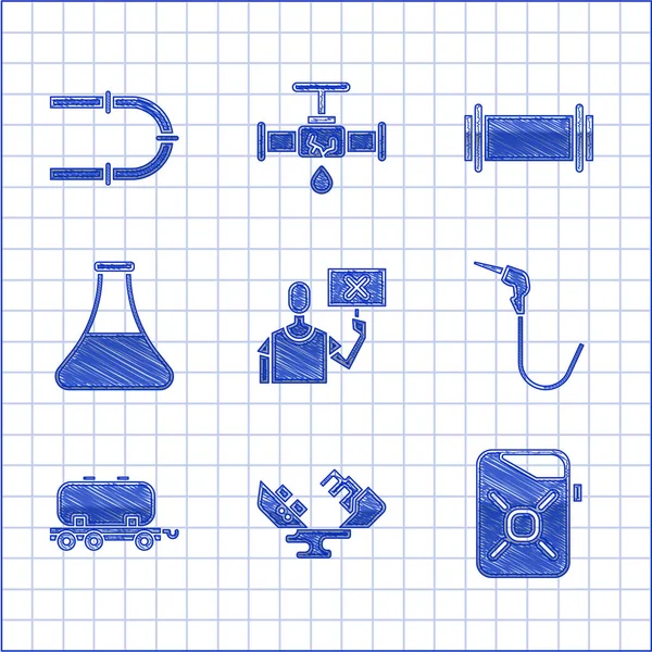 Set protestation pour sauver la nature, navire pétrolier naufragé, conteneur pour moteur, buse de pompe à essence, citerne de chemin de fer d'huile, tube d'essence, tuyau d'industrie et icône. Vecteur — Image vectorielle