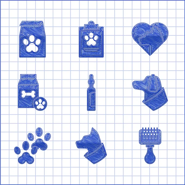 Set Pets vial medical, Cat, Hair brush for dog and cat, Dog, Paw print, Bag of food pet, Heart with and icon. Vector — Stock Vector