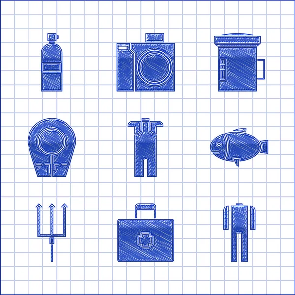 Set Traje de neopreno para buceo, botiquín de primeros auxilios, peces, tridente Neptuno, capucha para buceo, buzo con linterna grande e icono de Aqualung. Vector — Archivo Imágenes Vectoriales