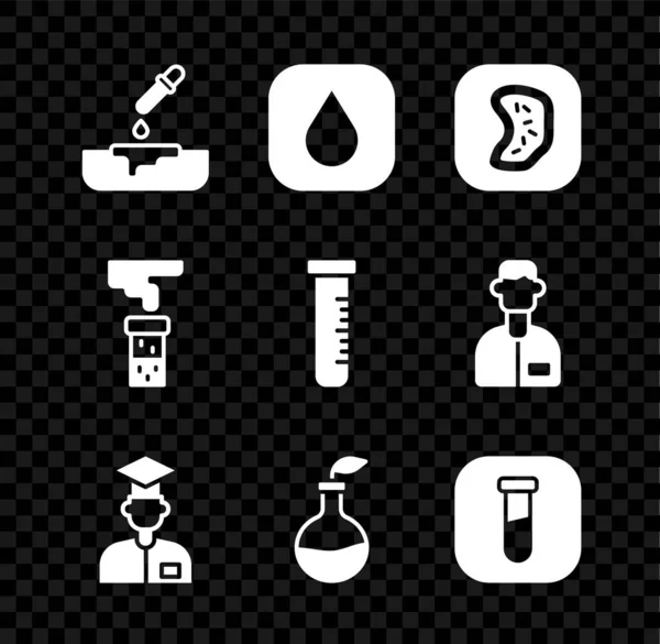 Set de placa Petri con pipeta, gota de agua, bacterias, asistente de laboratorio, fitomejoramiento, tubo de ensayo y frasco, y el icono. Vector — Archivo Imágenes Vectoriales