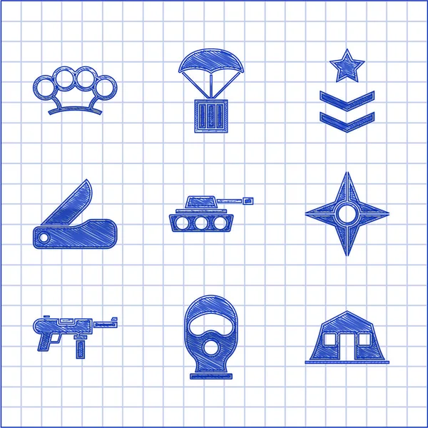 Askeri tank, kar maskesi, kışla, Japon ninja shuriken, hafif makineli tüfek M3, İsviçre çakısı, rütbe ve muşta simgesi. Vektör