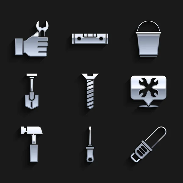 Set Metallschrauben, Schraubendreher, Kettensäge, Position mit Schraubenschlüssel, Hammer, Schaufel, Eimer und Schlüsselschlüssel Symbol. Vektor — Stockvektor