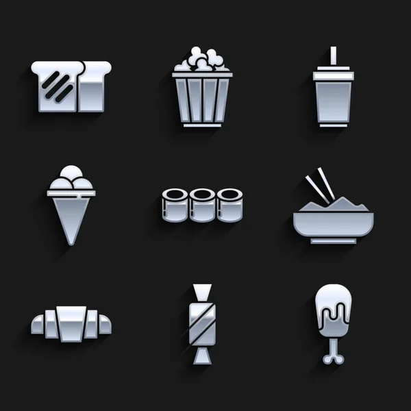 Set Sushi, Candy, Chicken leg, Rijst in kom met eetstokje, Croissant, Ice cream wafel kegel, Paper glass stro en Brood toast icoon. Vector — Stockvector