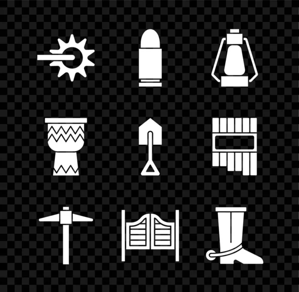 Set Spur, Bullet, Camping lantaarn, Pickaxe, Saloon deur, Cowboy laars, Drum en Shovel pictogram. Vector — Stockvector