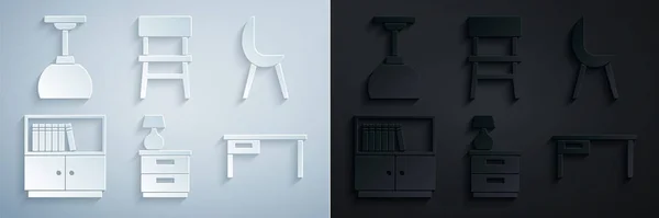Mobilya sehpasını lamba, Kol sandalyesi, kütüphane rafı, ofis masası, sandalye ve lamba asılı ikonu ile kurun. Vektör — Stok Vektör