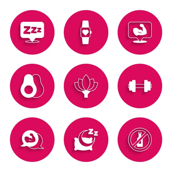 Lotus çiçeği, uyku zamanı alkol yok, Dumbbell, vücut geliştirme kası, Avokado meyvesi ve Uykucu ikonu. Vektör