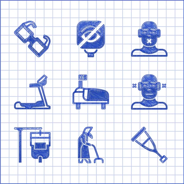 Set Hospital bed, Grandmother, Crutch or crutches, Deaf, IV bag, Treadmill machine, Head of deaf dumb and Eyeglasses icon. Vector — Vettoriale Stock