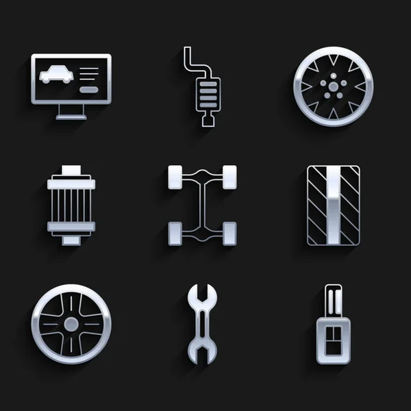 Set Chasis coche, llave llave inglesa, llave del coche con control remoto, rueda del neumático, aleación, filtro de aire, y condición de diagnóstico del icono. Vector — Archivo Imágenes Vectoriales