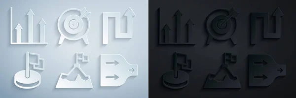 Impostare le montagne con bandiera, Freccia, Bandiera, Target e grafico a torta infografica icona. Vettore — Vettoriale Stock