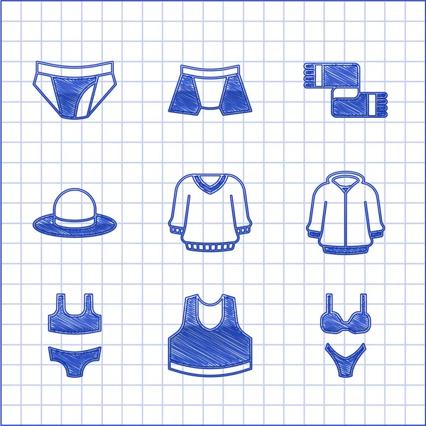 Set Sweater, Undershirt, Swimsuit, Hoodie, Man hat, Winter scarf e Men underpants icon. Vetor —  Vetores de Stock