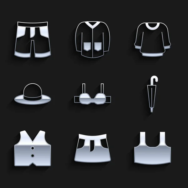 Set sujetador, falda, camiseta, paraguas, chaleco, sombrero de hombre, suéter y pantalón corto o icono de los pantalones. Vector — Archivo Imágenes Vectoriales
