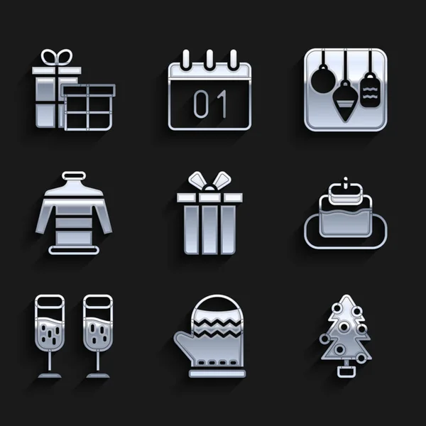 Set Gift box, Christmas mitten, tree, Cake, Glass of champagne, sweater, lights and icon. Vector Stock Vector
