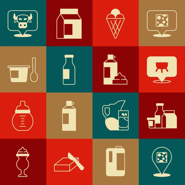 Set Cheese, Milk product, Udder, Ice cream in waffle cone, Bottle with milk, Yogurt container spoon, Cow head dan Whipped bottle icon. Vektor Grafik Vektor