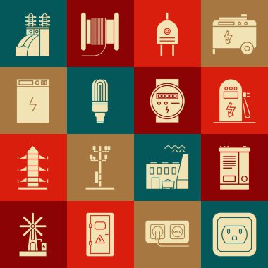 ABD Otomobil akü otomobili şarj istasyonundaki elektrik prizi LED ampul bankasının nükleer güç santrali ve sayaç simgesini ayarla. Vektör.