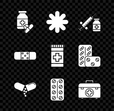 İlaç şişesi ve hapları hazırlayın. Haç hastanesi tıbbi şırıngası. İğne şişesi ya da ampul tablet hapları. Vektör.