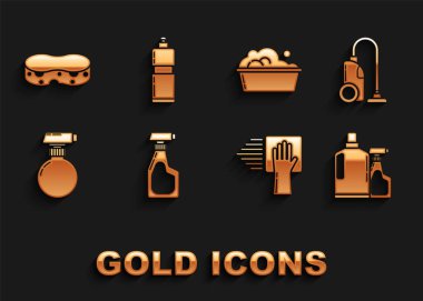 Bulaşık yıkama havzası sabun köpüğü süngeri ve ikon için deterjan likörlü elektrikli süpürge plastik şişeleriyle temizlik spreyi şişesini hazırla. Vektör.