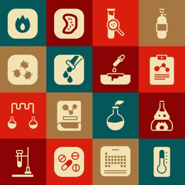 Tıbbi termometre test tüpünü yangın kimya raporuna ve bakteri ateşine ve pipet ikonlu Petri kabına ayarlayın. Vektör.