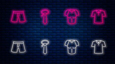 Çizgili kravat tişörtü, kısa pantolon ve tişört. Tuğla duvarda parlayan neon simgesi. Vektör.
