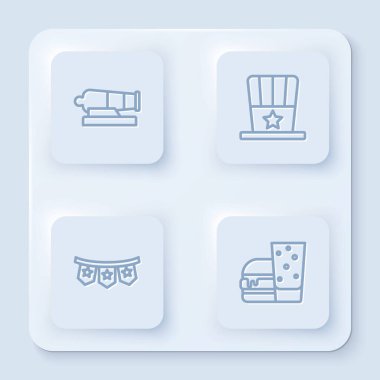 Cannon, Vatansever Amerikan silindir şapkası, bayraklı karnaval çelengi ve Burger. Beyaz kare düğme. Vektör.