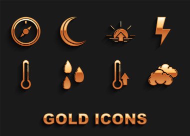 Su damlası yıldırımını hazırla. Bulut, termometre, güneş, rüzgar yükseldi, ay ve yıldız ikonu. Vektör.