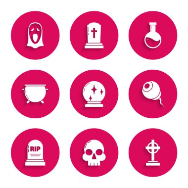 Sihirli Top Kafatası Tombstone 'u çapraz gözlü cadılar bayramı cadı kazanı iksiri ve ikon için komik ve korkunç hayalet maskesiyle ayarla. Vektör.