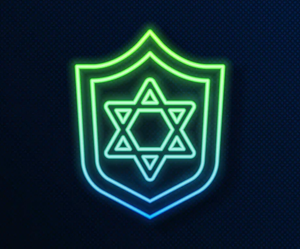 明亮的霓虹灯线盾牌与大卫之星图标隔离在蓝色背景 犹太教的象征 以色列的象征 — 图库矢量图片