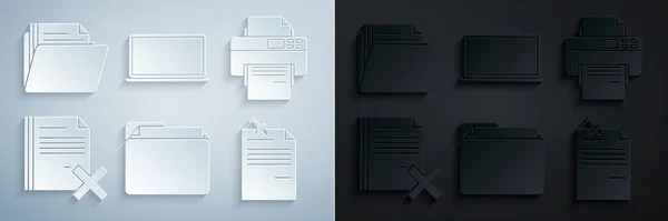 Set Document Folder Printer Delete File Document Note Paper Pinned — Stock Vector
